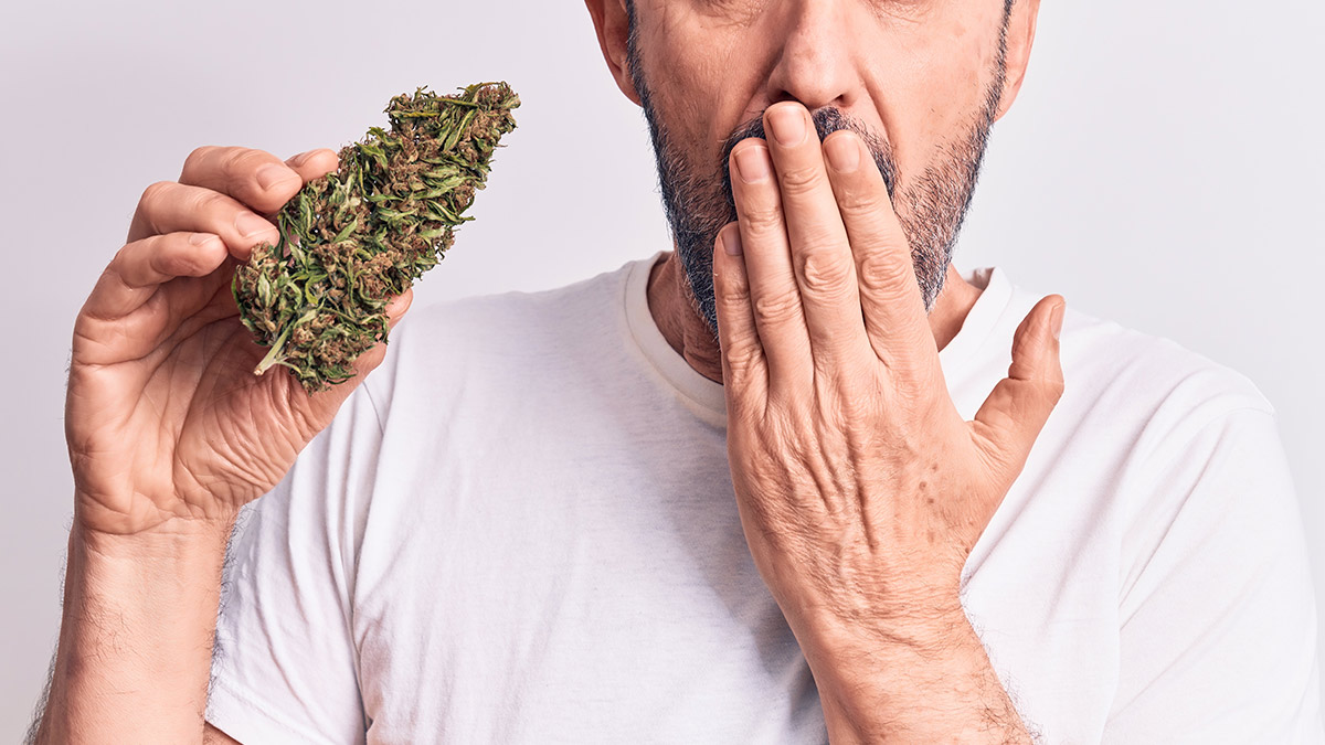 Image of man holding a hemp bud and covering his mouth