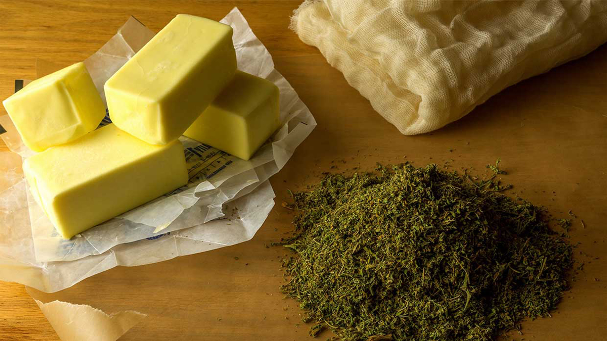 Image of Butter, Cannabis leaves and Chees cloth for Cannabutter