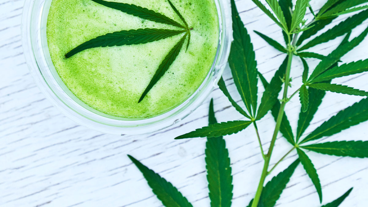 A glass of THC detox drinks with marijuana leaves in white background