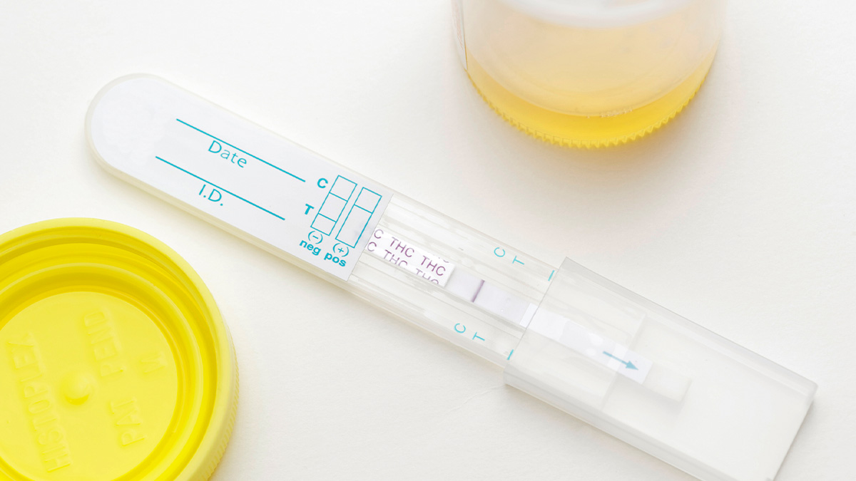 Urine from a whizzinator for THC drug test on a white table