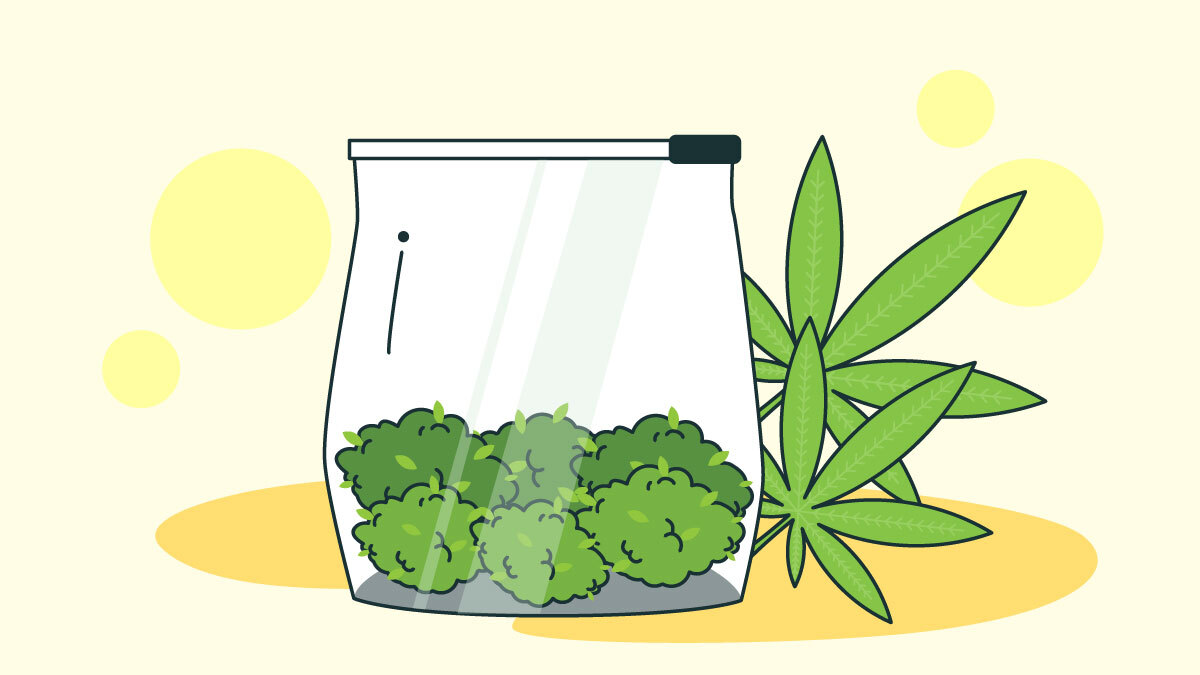 Illustration of Weed in a Bag and Hemp Leaves